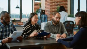 diverse team hr workers interviewing candidate job offer attending employment recruitment meeting office business people talking jobless woman about career opportunity 1